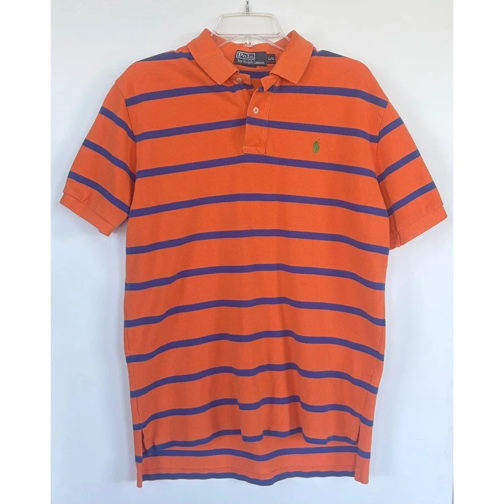 Polo Ralph Lauren Mens Large Orange Blue Striped Short Sleeve Pique Polo Shirt